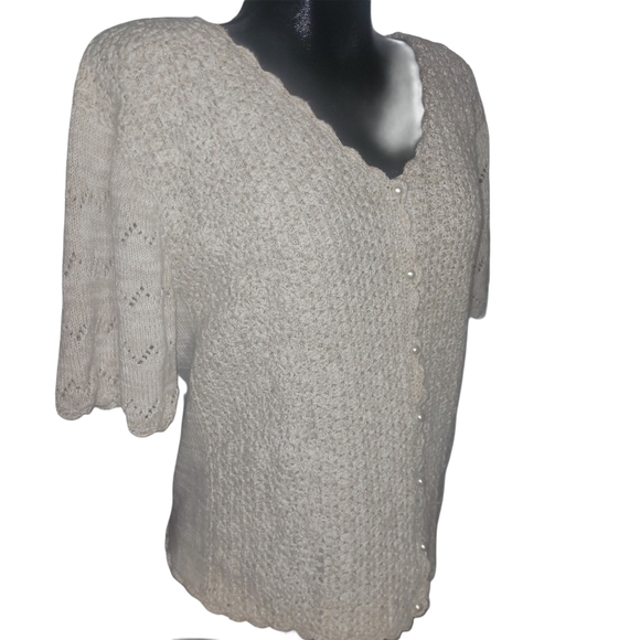 Beige Colored Crochet Button Front Short Sleeve Sweater L - Picture 3 of 7